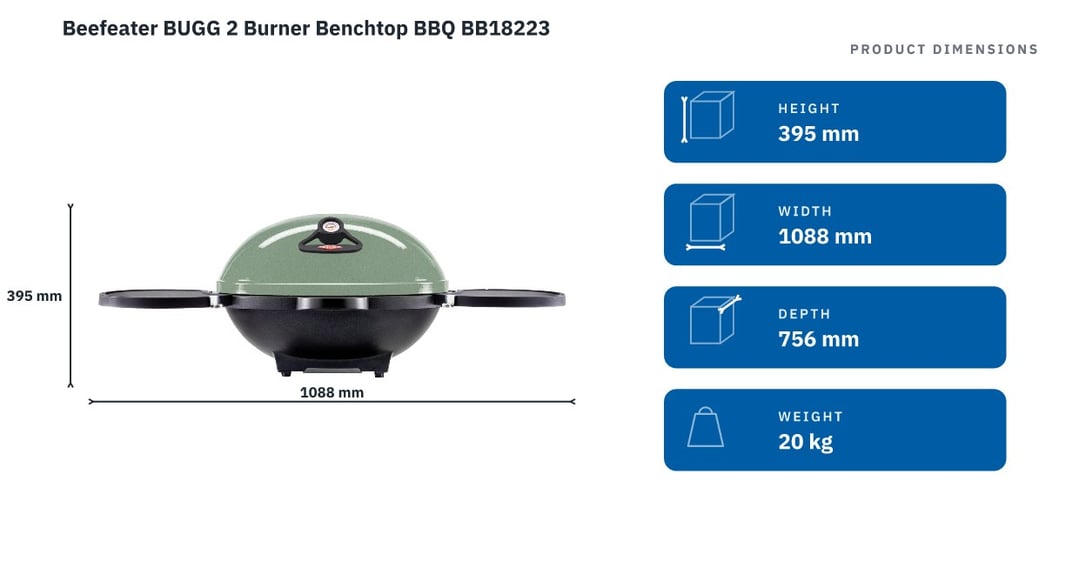 Beefeater BUGG 2 Burner Benchtop BBQ BB18223 — product dimensions