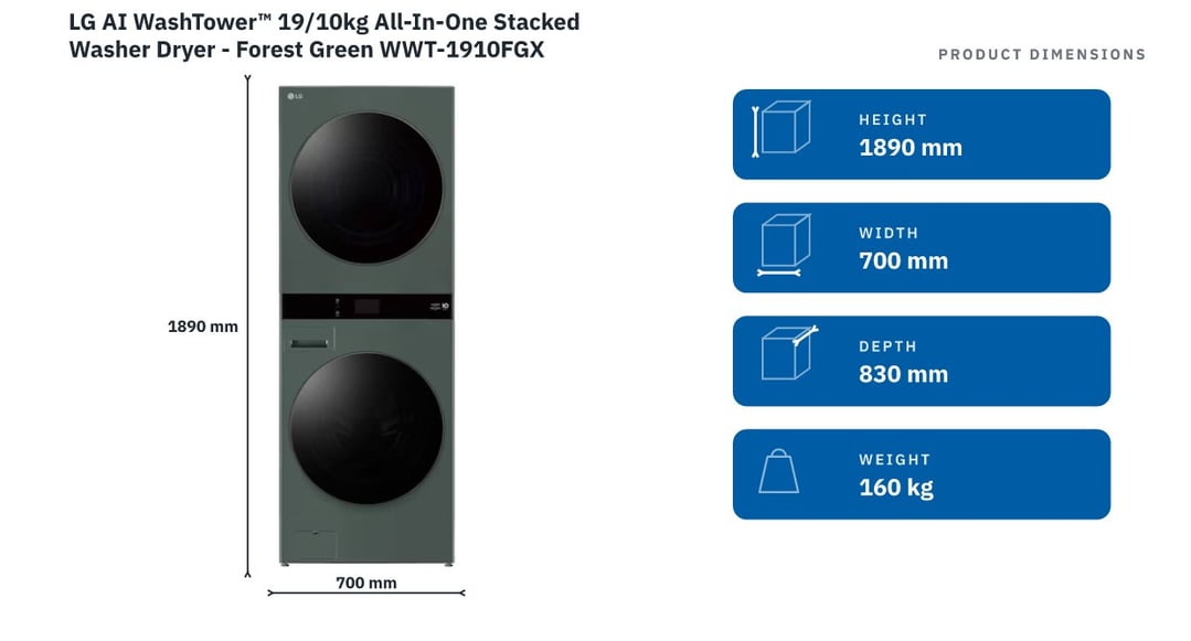 LG AI WashTower™ 19/10kg All-In-One Stacked Washer Dryer - Forest Green WWT-1910FGX — product dimensions