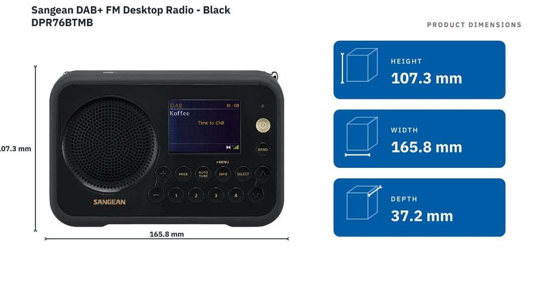 Sangean DAB+ FM Desktop Radio - Black DPR76BTMB — product dimensions