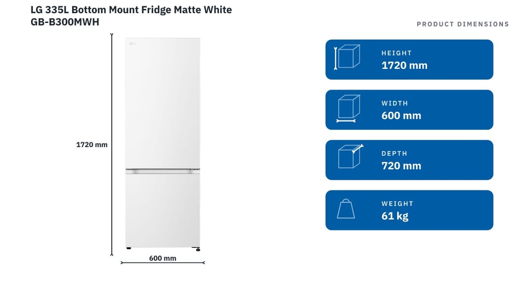 LG 335L Bottom Mount Fridge Matte White GB-B300MWH — product dimensions