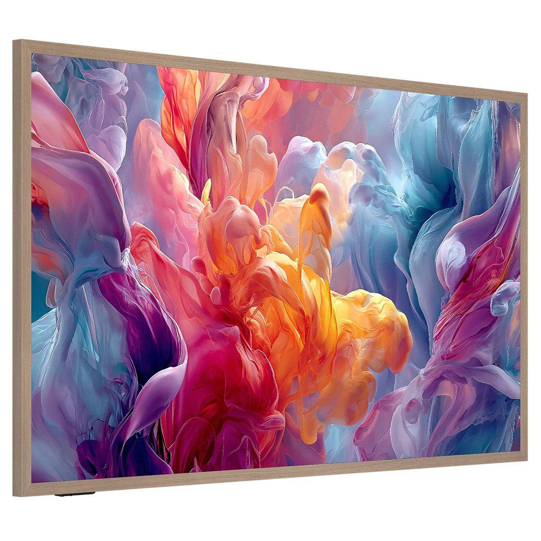 TV displaying colorful abstract art with a light wood frame