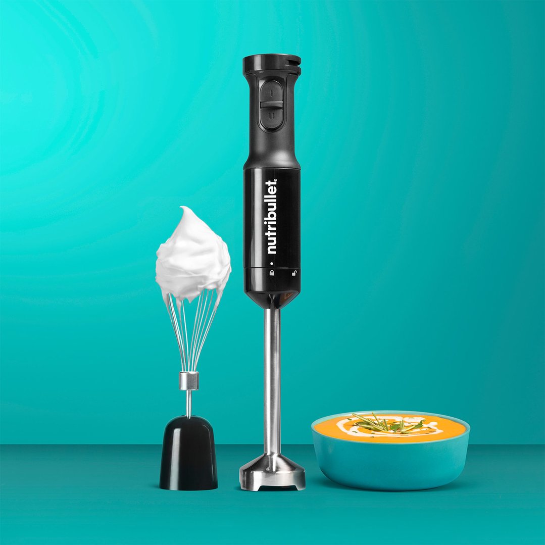 NUTRiBULLET Immersion Blender with whisk attachment and bowl of soup