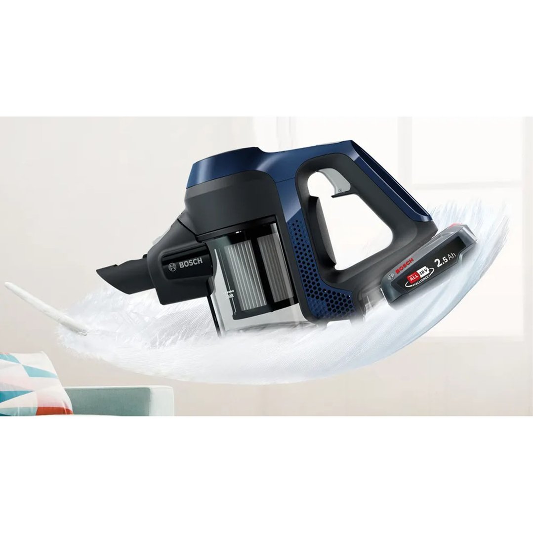 Bosch Unlimited 6 rechargeable vacuum cleaner floating above white feathers