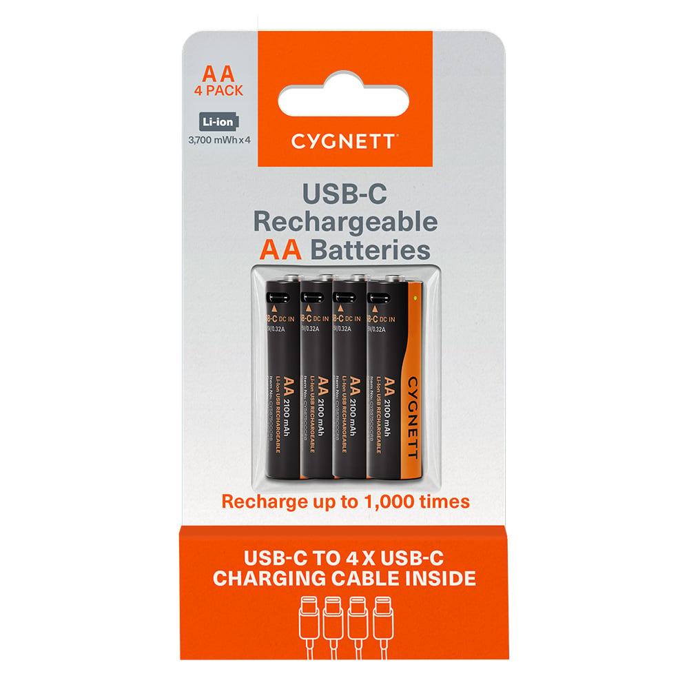 Cygnett AA USB-C Rechargeable Battery - 4 Pack - Black CY5875CCCRB