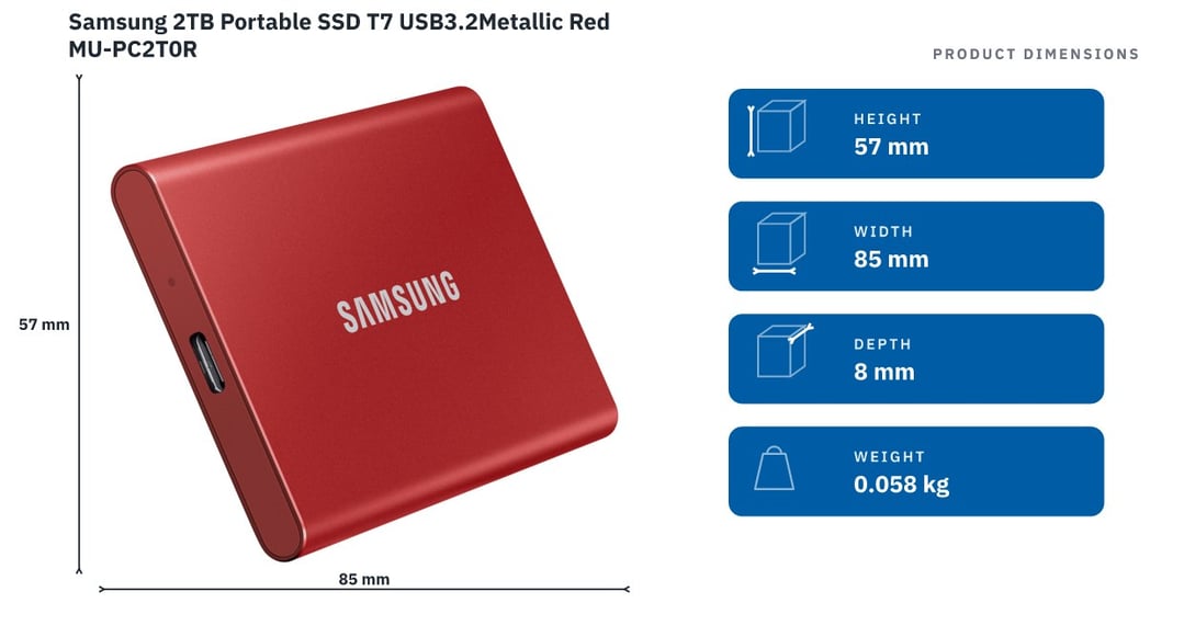 Samsung 2TB Portable SSD T7 USB3.2Metallic Red MU-PC2T0R — product dimensions