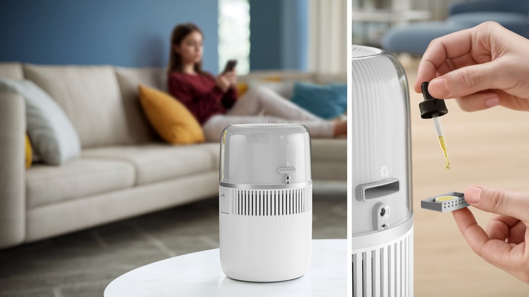 A Philips Series 5000 Evaporative Humidifier on a table with a person adding oil