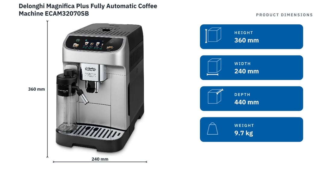 Delonghi Magnifica Plus Fully Automatic Coffee Machine ECAM32070SB — product dimensions
