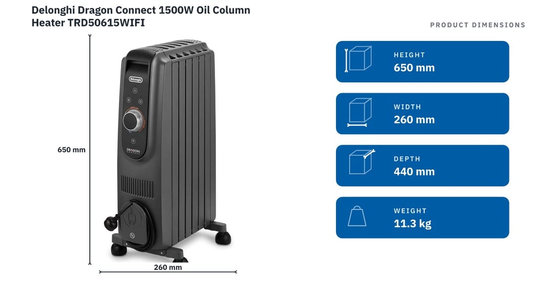 Delonghi Dragon Connect 1500W Oil Column Heater TRD50615WIFI — product dimensions