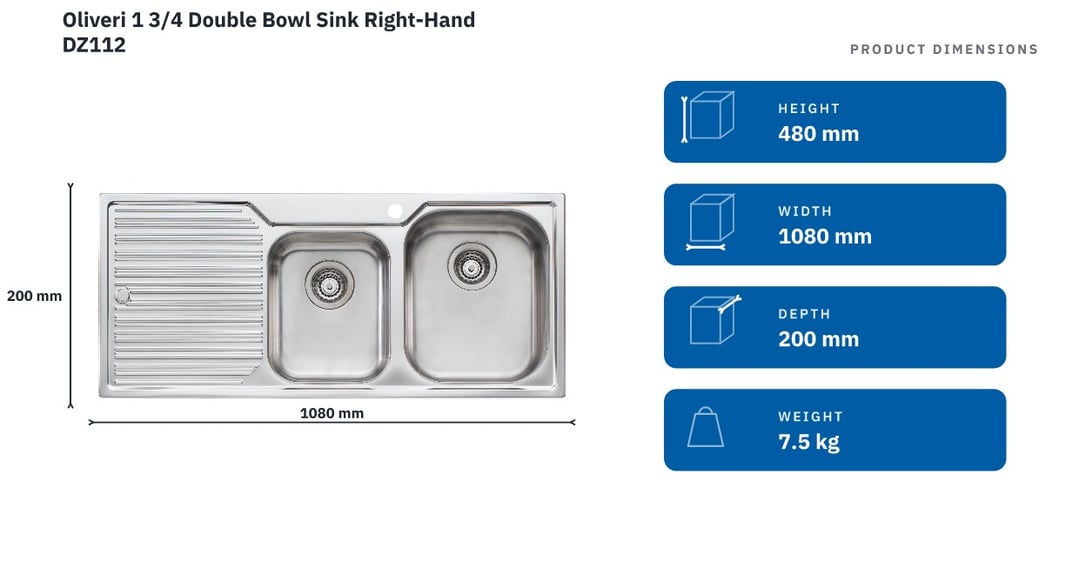 Oliveri 1 3/4 Double Bowl Sink Right-Hand DZ112 — product dimensions