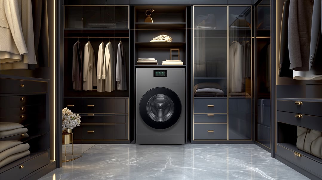 Washer dryer combo integrated into a luxurious dark walk-in closet