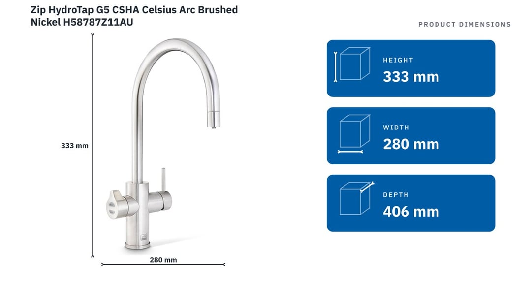 Zip HydroTap G5 CSHA Celsius Arc Brushed Nickel H58787Z11AU — product dimensions