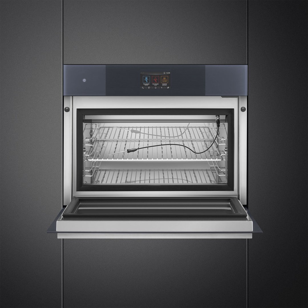 Linea Compact Blast Chiller with door open, showing interior racks and probes
