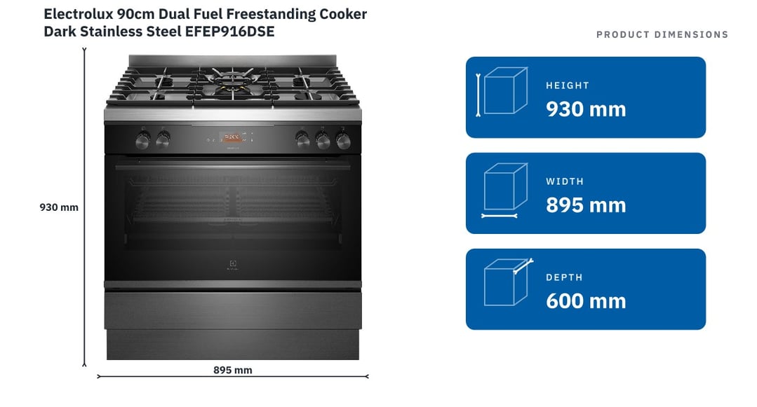 Electrolux 90cm Dual Fuel Freestanding Cooker Dark Stainless Steel EFEP916DSE — product dimensions