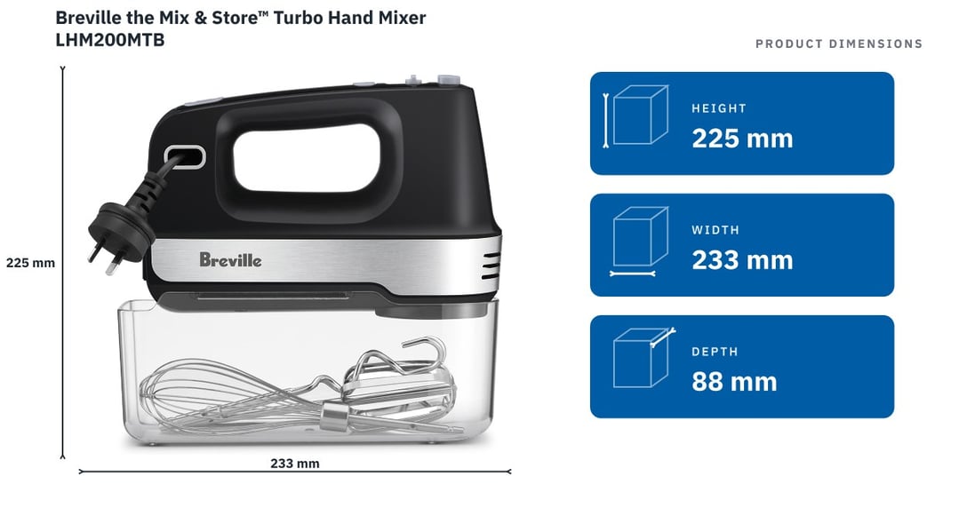 Breville the Mix & Store™ Turbo Hand Mixer LHM200MTB — product dimensions