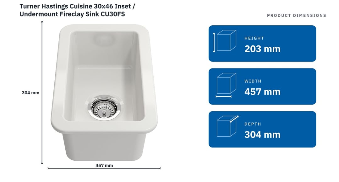Turner Hastings Cuisine 30x46 Inset / Undermount Fireclay Sink CU30FS — product dimensions