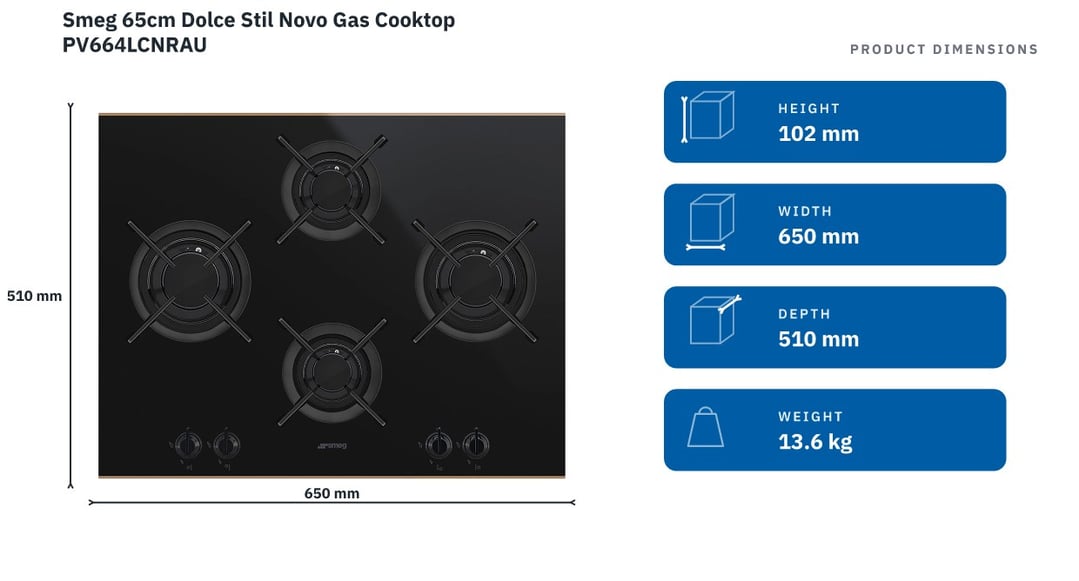 Smeg 65cm Dolce Stil Novo Gas Cooktop PV664LCNRAU — product dimensions
