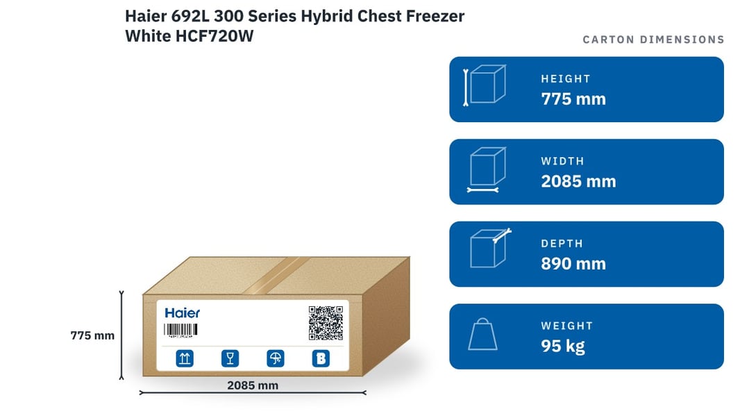 Haier 692L 300 Series Hybrid Chest Freezer White HCF720W — packaged dimensions