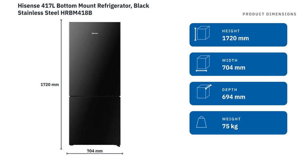 Hisense 417L Bottom Mount Refrigerator, Black Stainless Steel HRBM418B