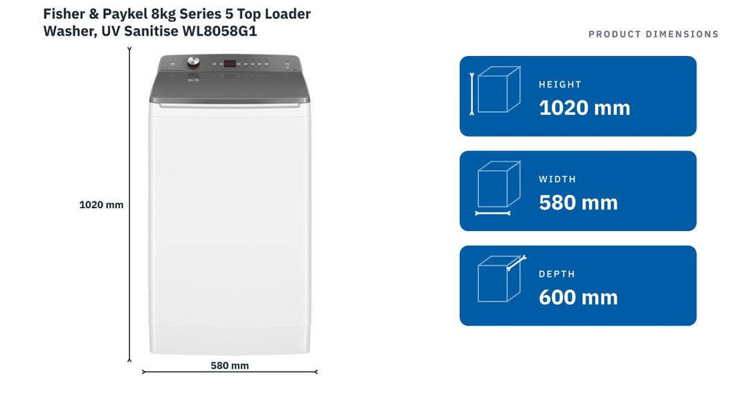 Fisher & Paykel 8kg Series 5 Top Loader Washer, UV Sanitise WL8058G1 — product dimensions