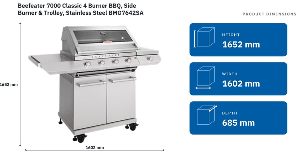 Beefeater 7000 Classic 4 Burner BBQ, Side Burner & Trolley, Stainless Steel BMG7642SA — product dimensions