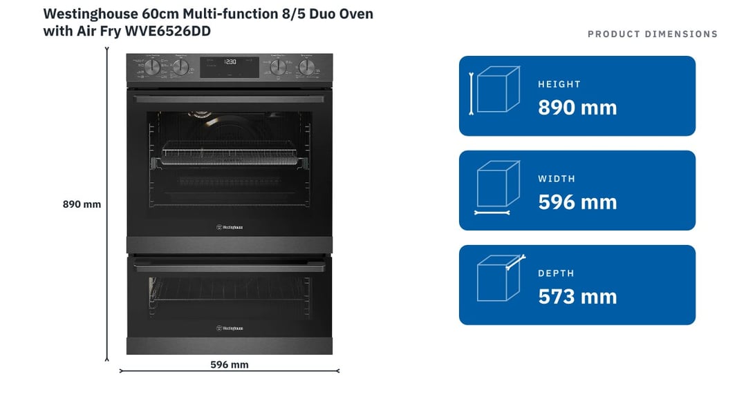 Westinghouse 60cm Multi-function 8/5 Duo Oven with Air Fry WVE6526DD