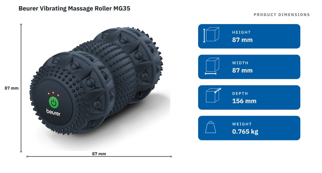 Beurer Vibrating Massage Roller MG35 — product dimensions
