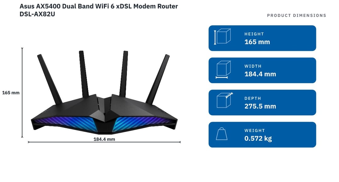 Asus AX5400 Dual Band WiFi 6 xDSL Modem Router DSL-AX82U — product dimensions