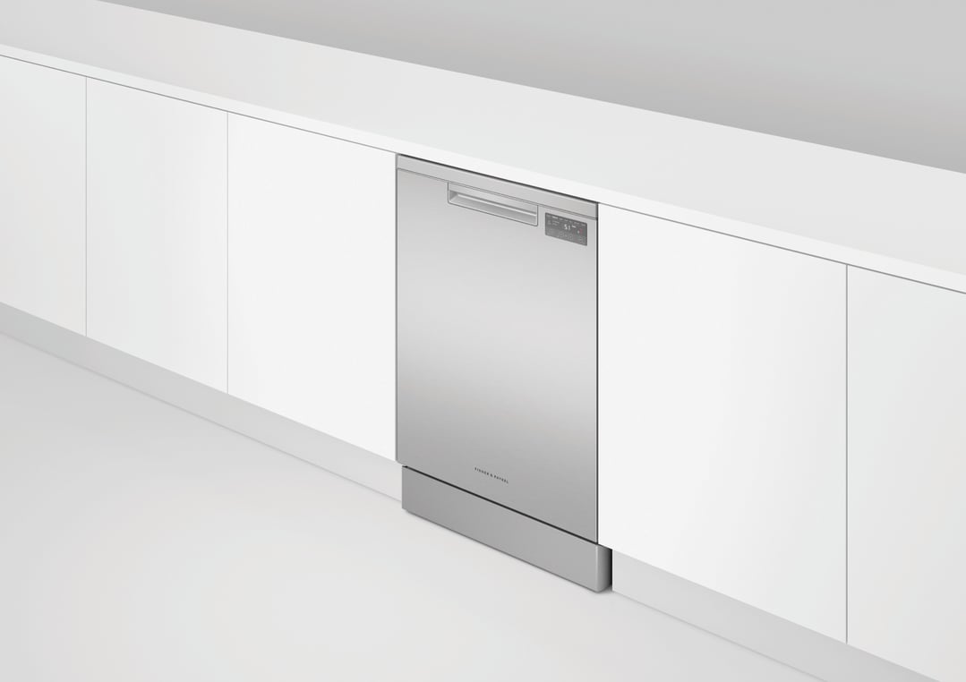 Stainless steel Fisher & Paykel dishwasher built into white kitchen cabinetry