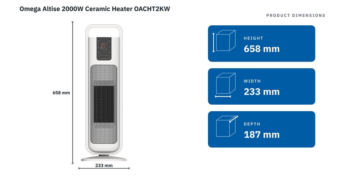 Omega Altise 2000W Ceramic Heater OACHT2KW — product dimensions