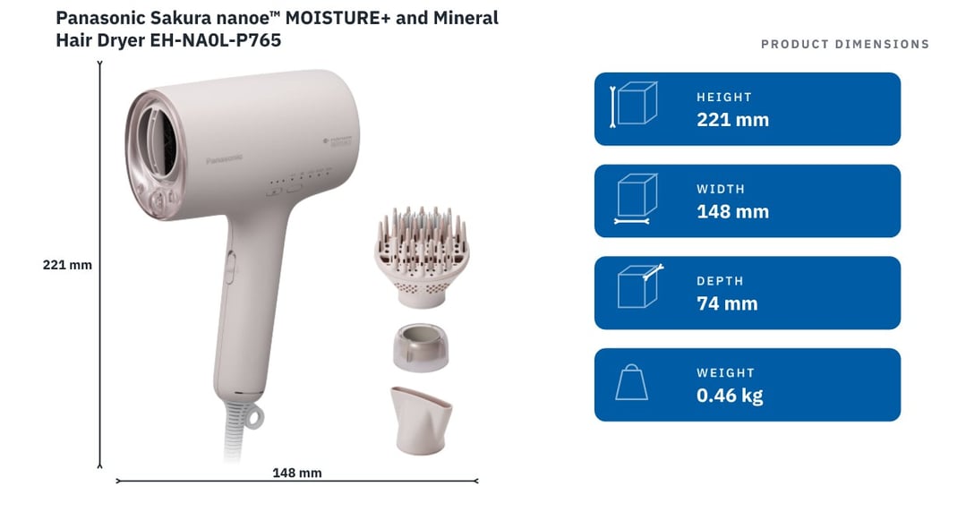 Panasonic Sakura nanoe™ MOISTURE+ and Mineral Hair Dryer EH-NA0L-P765 — product dimensions