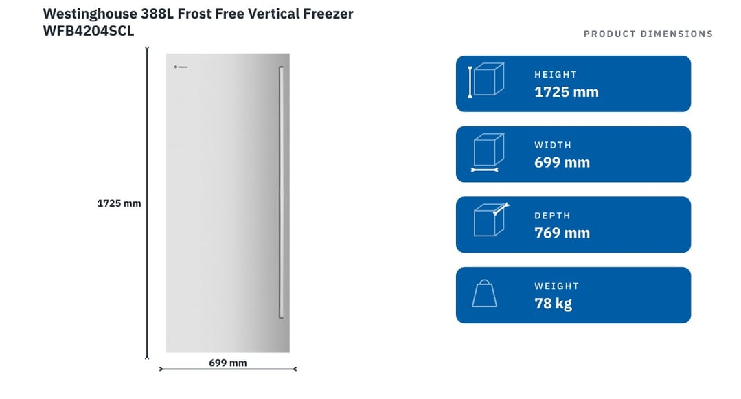 Westinghouse 388L Frost Free Vertical Freezer WFB4204SCL