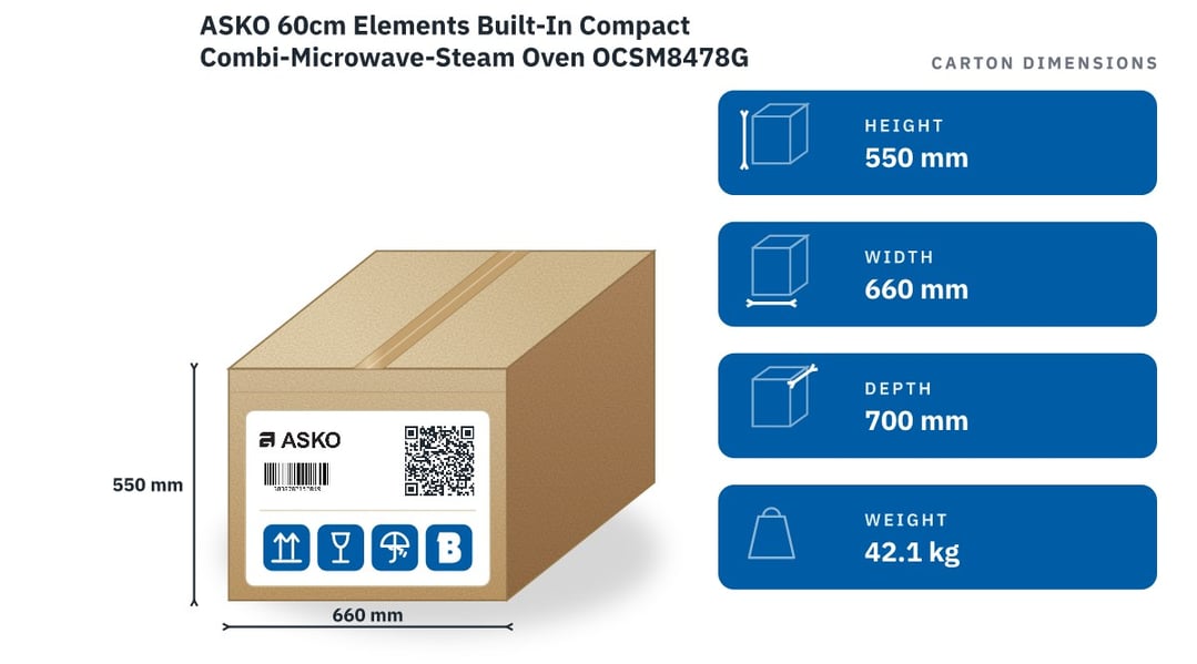 ASKO 60cm Elements Built-In Compact Combi-Microwave-Steam Oven OCSM8478G — packaged dimensions