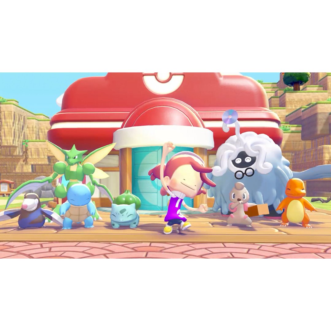 Pokemon characters and a person standing in front of a red building