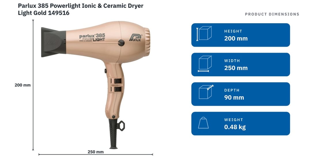 Parlux 385 Powerlight Ionic & Ceramic Dryer Light Gold 149516 — product dimensions