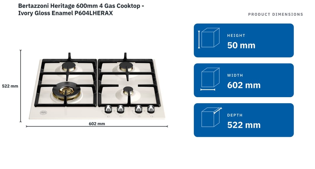 Bertazzoni Heritage 600mm 4 Gas Cooktop - Ivory Gloss Enamel P604LHERAX — product dimensions