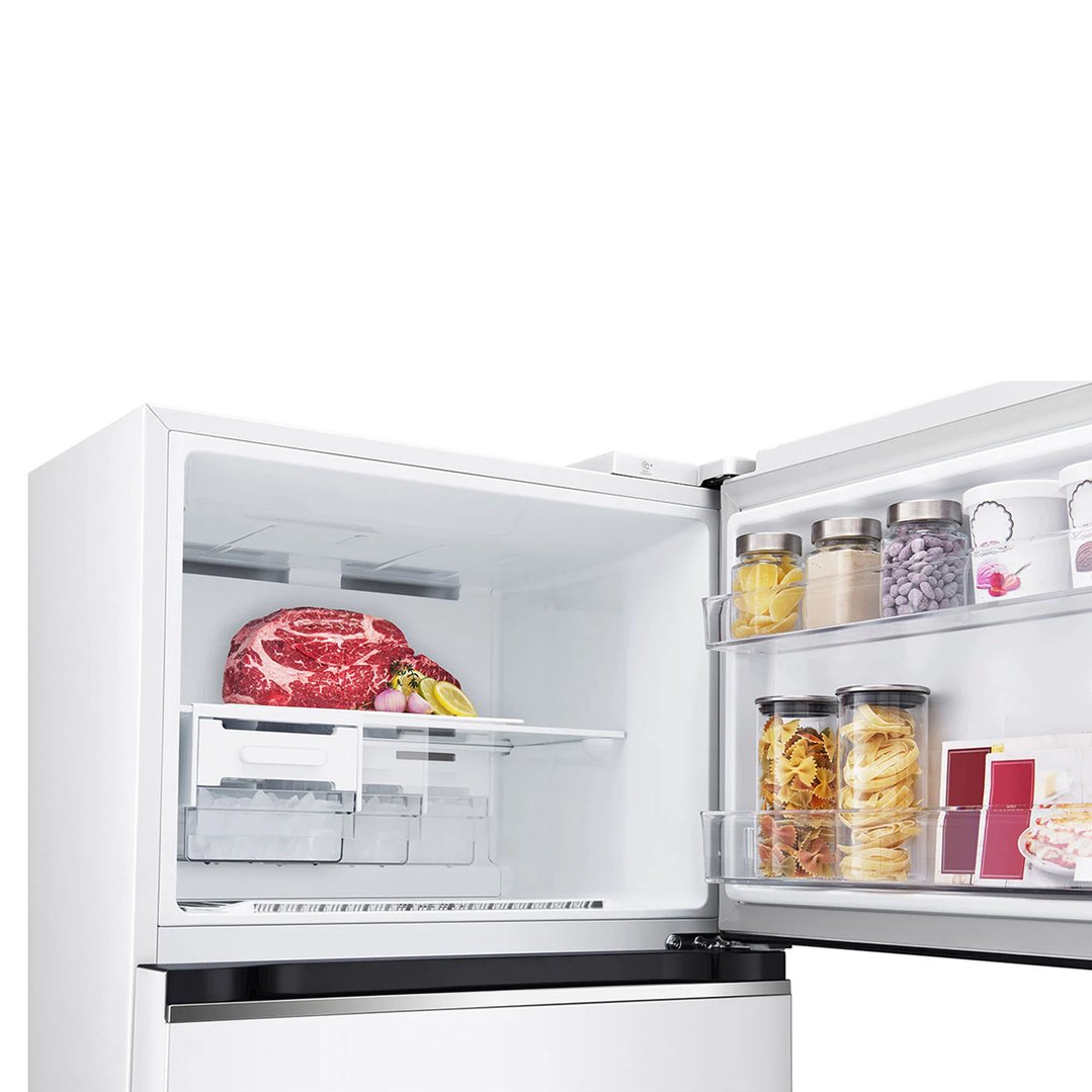 Open LG 375L Top Mount Fridge with food items inside