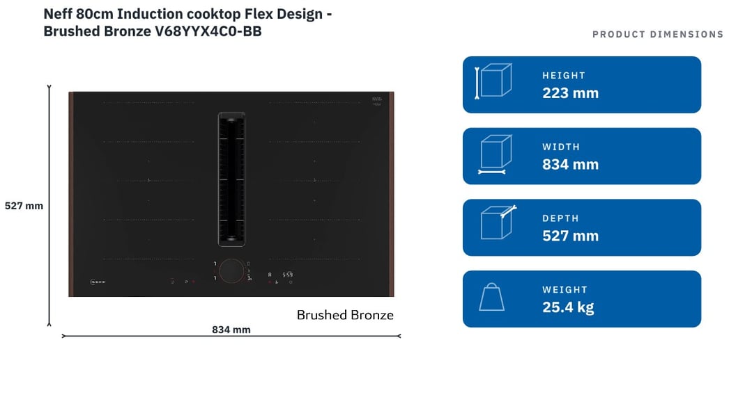 Neff 80cm Induction cooktop Flex Design - Brushed Bronze V68YYX4C0-BB — product dimensions