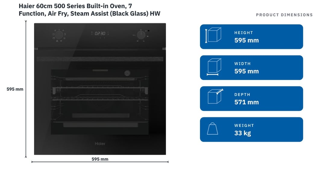 Haier 60cm 500 Series Built-in Oven, 7 Function, Air Fry, Steam Assist (Black Glass) HWO60S7EB5