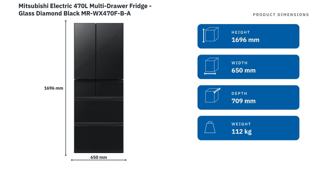 Mitsubishi Electric 470L Multi-Drawer Fridge - Glass Diamond Black MR-WX470F-B-A — product dimensions
