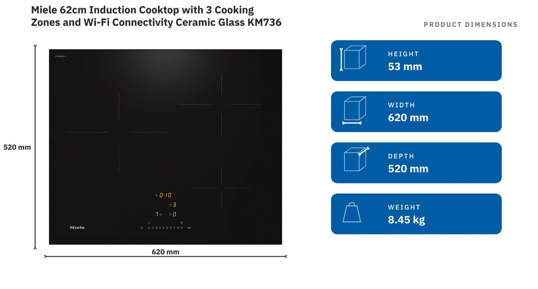 Miele 62cm Induction Cooktop with 3 Cooking Zones and Wi-Fi Connectivity Ceramic Glass KM7360FL