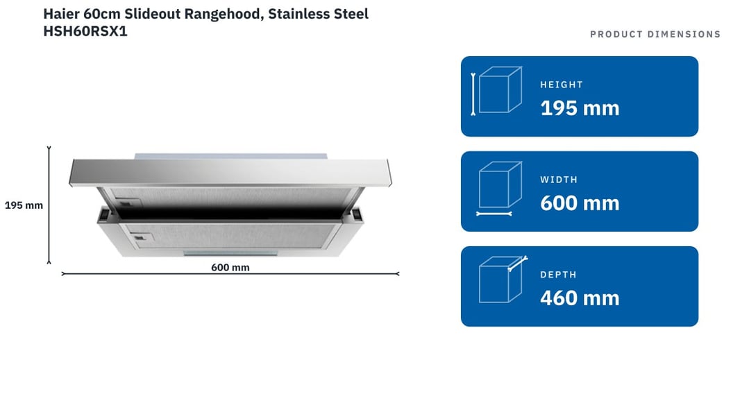 Haier 60cm Slideout Rangehood, Stainless Steel HSH60RSX1 — product dimensions