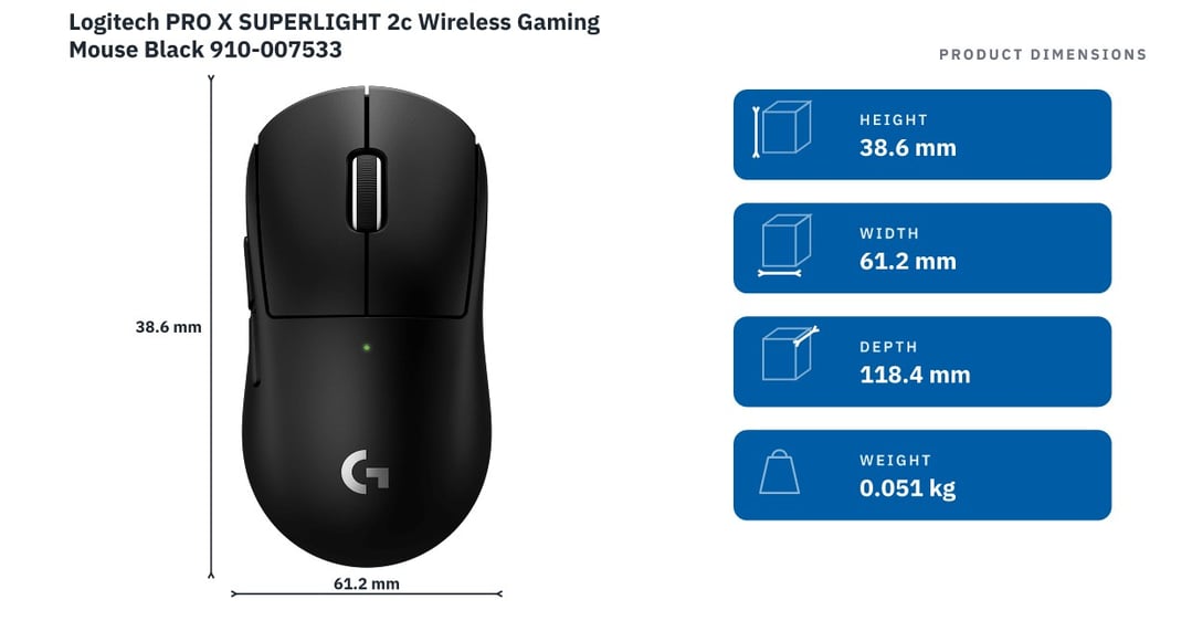 Logitech PRO X SUPERLIGHT 2c Wireless Gaming Mouse Black 910-007533 — product dimensions