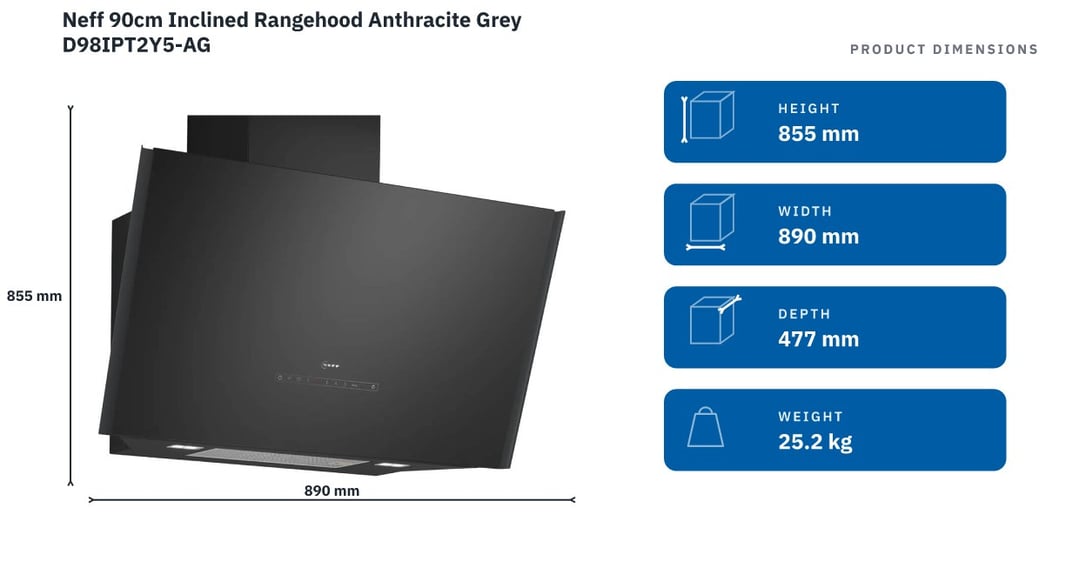 Neff 90cm Inclined Rangehood Anthracite Grey D98IPT2Y5-AG — product dimensions