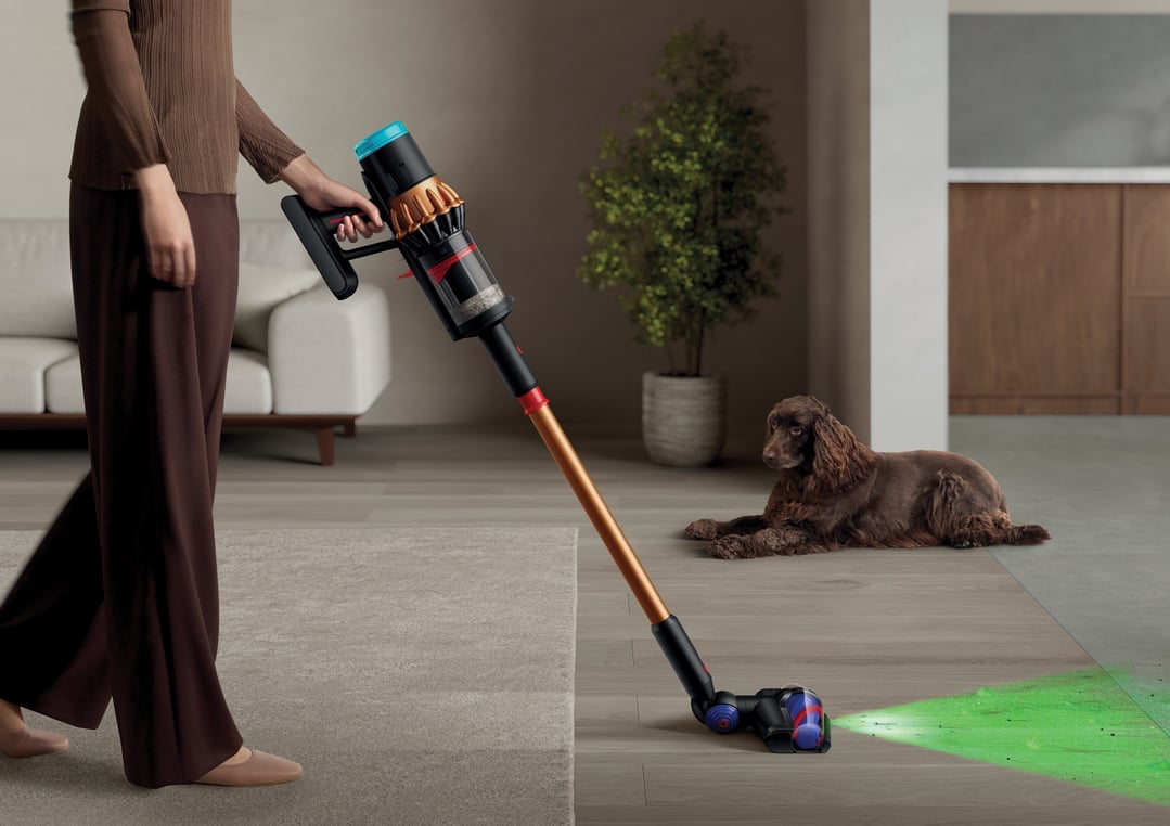 Woman using a Dyson handStickVacuum to clean a floor with a dog nearby
