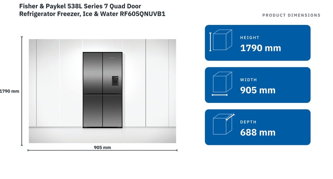 Fisher & Paykel 538L Series 7 Quad Door Refrigerator Freezer, Ice & Water RF605QNUVB1 — product dimensions