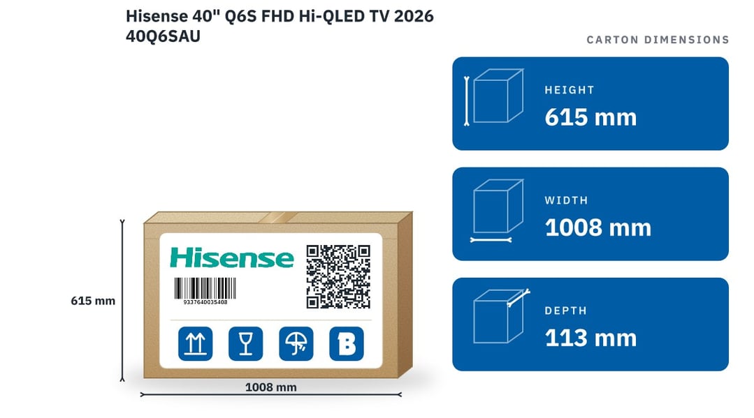 Hisense 40" Q6S FHD Hi-QLED TV 2026 40Q6SAU — packaged dimensions