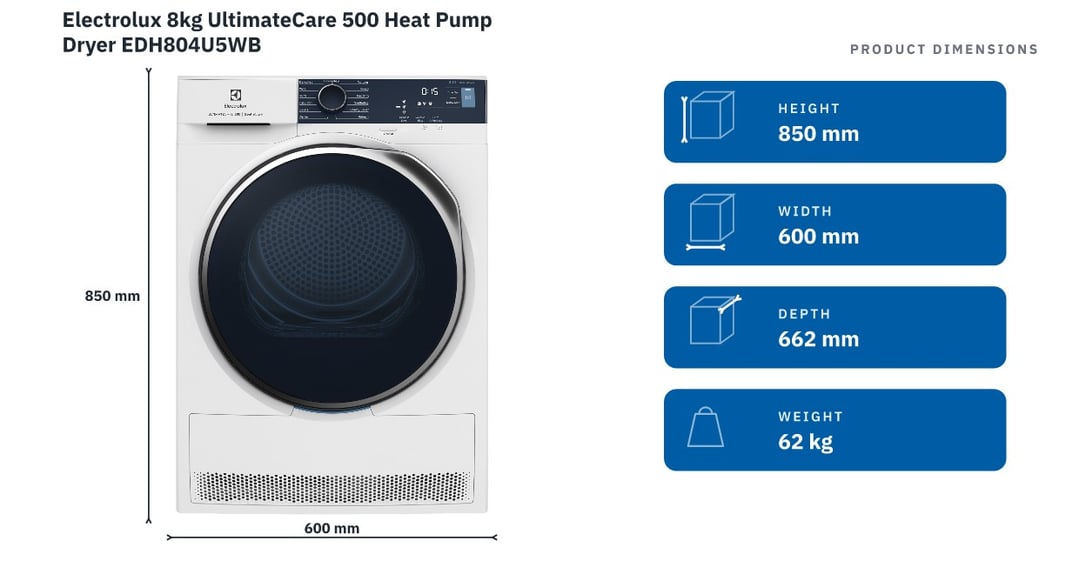 Electrolux 8kg UltimateCare 500 Heat Pump Dryer EDH804U5WB — product dimensions