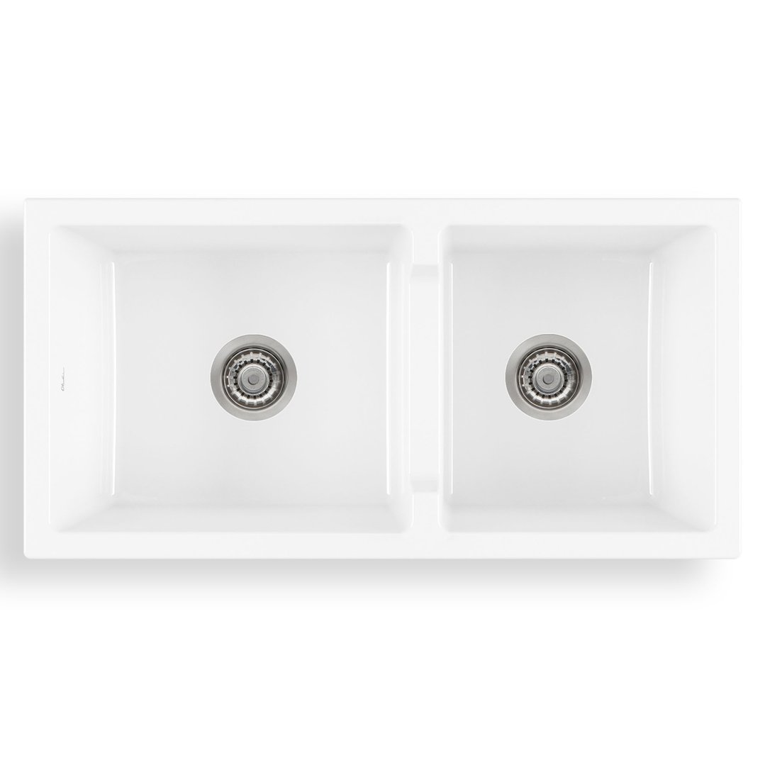 Oliveri Sicily White Fireclay Farmhouse 1 & 3/4 Bowl Counter Top or Undermount Sink SC-WH1984