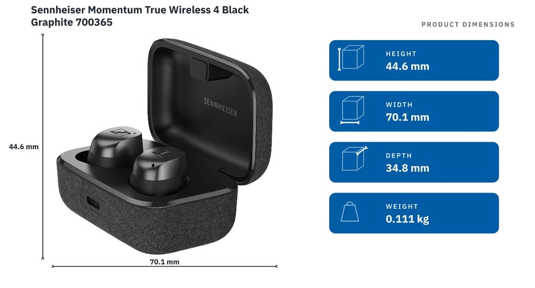 Sennheiser Momentum True Wireless 4 Black Graphite 700365 — product dimensions