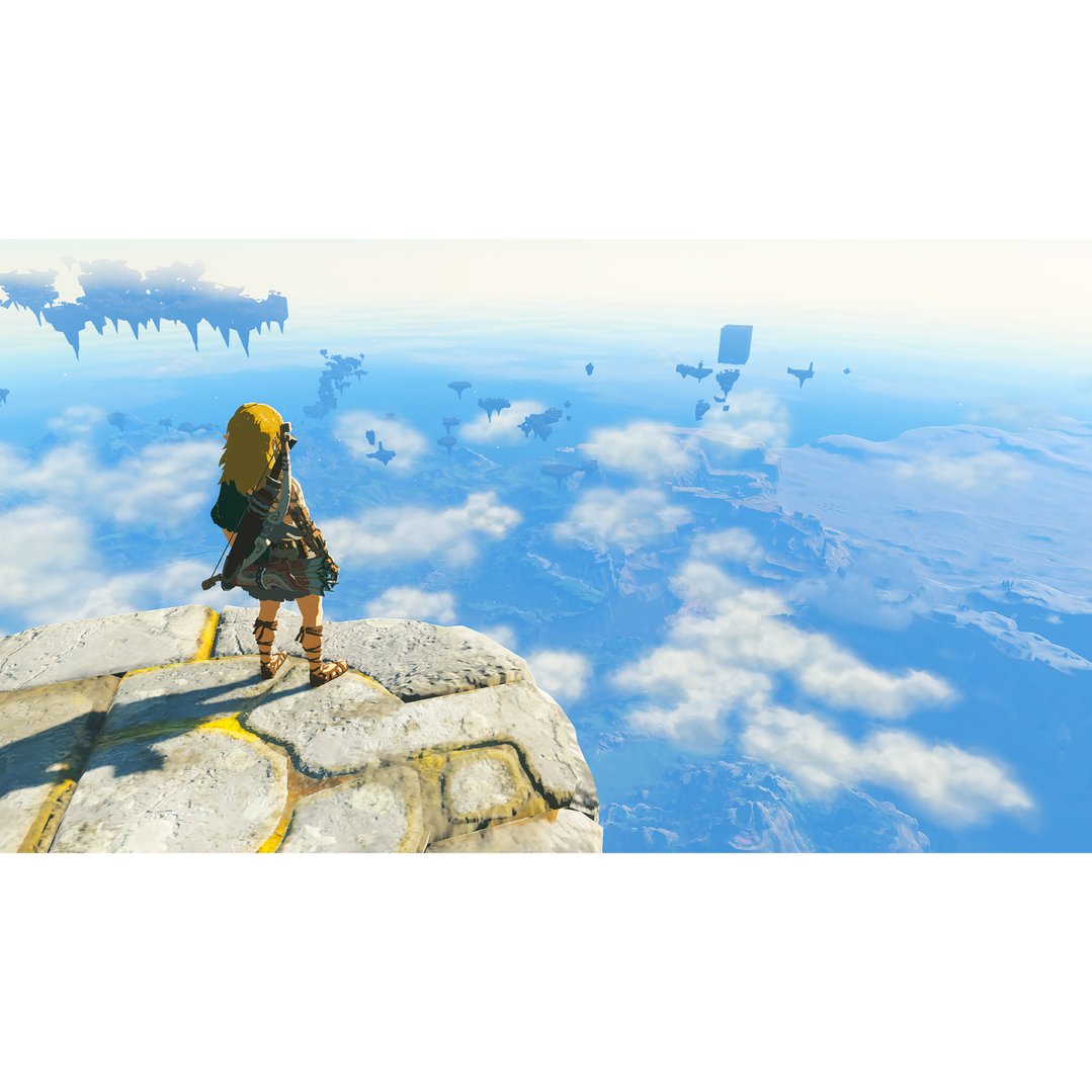 A character stands on a cliff overlooking a vast landscape with floating islands